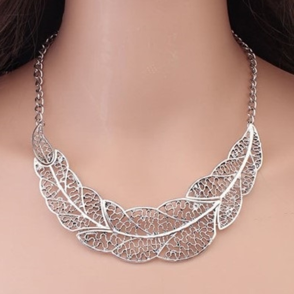 Silver Leaf Bib Statement Necklace